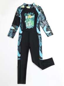 Toddler Boys Tropical Print High Neck One Piece Swimsuit - Black - View 3