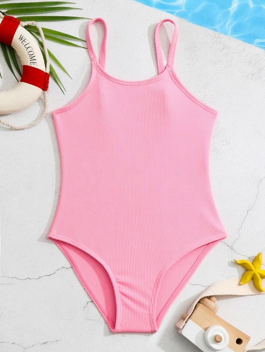 Young Girl Solid One Piece Swimsuit - Pink - View 1