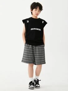 男孩格紋彈性腰帶短褲