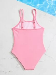 Young Girl Solid One Piece Swimsuit - Pink - View 2