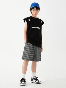 男孩格紋彈性腰帶短褲