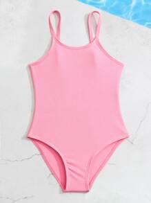 Young Girl Solid One Piece Swimsuit - Pink - View 5