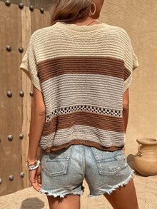 Colourblock Batwing Sleeve Pointelle Knit Top - Multicolor - View 2