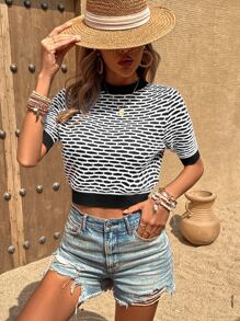 Knit Mix 滿版圖案拼接邊針織上衣 - 黑色 - 查看 3