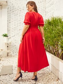 S BETRO 大碼褶邊泡泡袖高衩洋裝 - 紅色 - 查看 2