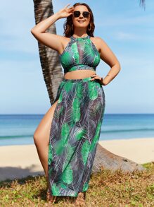 Plus Size Tropical Print Halter Bikini Set With Beach Skirt Summer Beach - Multicolor - View 4