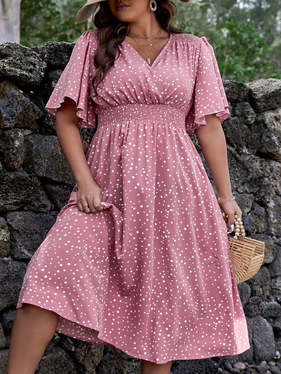 SHEIN Clasi Plus Polka Dot Print Shirred Waist Butterfly Sleeve Dress For Summer - Pink - View 1