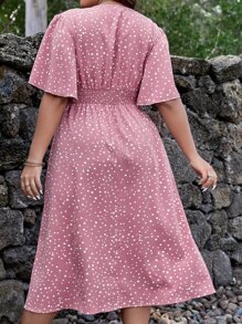 SHEIN Clasi Plus Polka Dot Print Shirred Waist Butterfly Sleeve Dress For Summer - Pink - View 2
