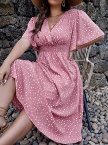 SHEIN Clasi Plus Polka Dot Print Shirred Waist Butterfly Sleeve Dress For Summer - Pink - View 3