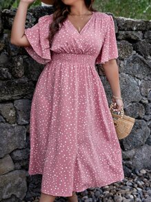 SHEIN Clasi Plus Polka Dot Print Shirred Waist Butterfly Sleeve Dress For Summer - Pink - View 4