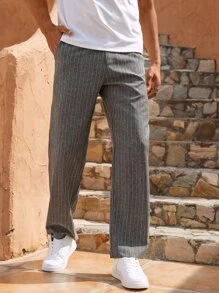 Manfinity RelaxMax Men Striped Print Slant Pocket Straight Leg Trousers - Grey - View 3