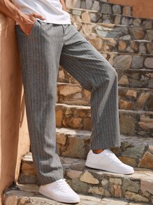 Manfinity RelaxMax Men Striped Print Slant Pocket Straight Leg Trousers - Grey - View 4