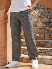 Manfinity RelaxMax Men Striped Print Slant Pocket Straight Leg Trousers - Grey - View 5