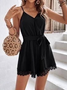 SHEIN Frenchy Áo liền quần nữ Thắt lưng Tương phản ren Trọn gói màu trơn Giải trí - màu đen - Xem 1