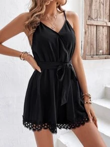 SHEIN Frenchy Áo liền quần nữ Thắt lưng Tương phản ren Trọn gói màu trơn Giải trí - màu đen - Xem 4