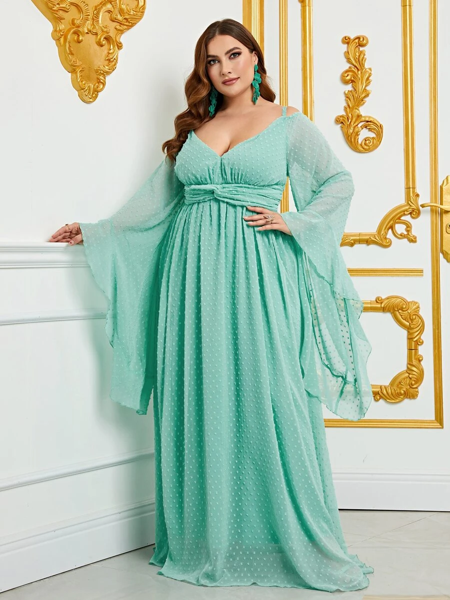 大碼圓點荷葉袖雪紡連衣裙 - 薄荷綠 - 查看 1