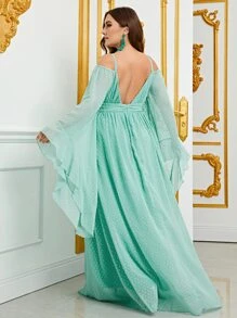 大碼圓點荷葉袖雪紡連衣裙 - 薄荷綠 - 查看 2