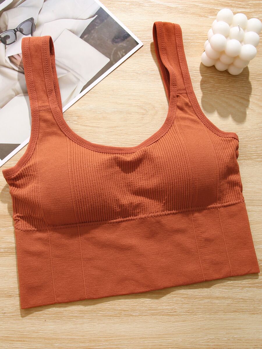 FINETOO 素色條紋針織無鋼圈文胸 - 橘色 - 查看 1