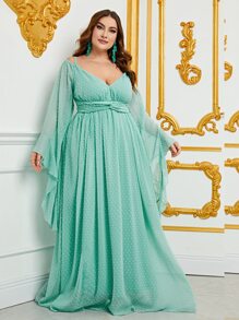 大碼圓點荷葉袖雪紡連衣裙 - 薄荷綠 - 查看 4