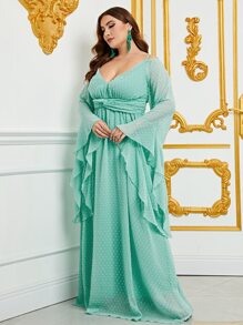 大碼圓點荷葉袖雪紡連衣裙 - 薄荷綠 - 查看 6