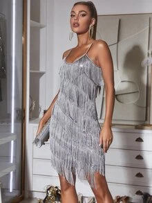 流蘇亮片吊帶禮服連衣裙