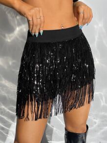 SHEIN ICON Black Fringe Trim Sequin Decor Concert Outfits Skirt