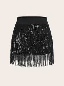 SHEIN ICON Black Fringe Trim Sequin Decor Concert Outfits Skirt