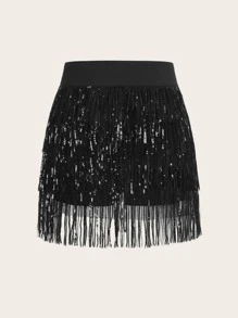 SHEIN ICON Black Fringe Trim Sequin Decor Concert Outfits Skirt