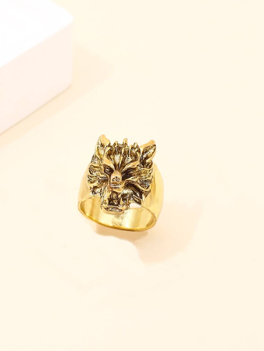 Men Wolf Head Decor Ring - Yellow Gold - View 1