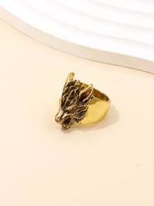 Men Wolf Head Decor Ring - Yellow Gold - View 5