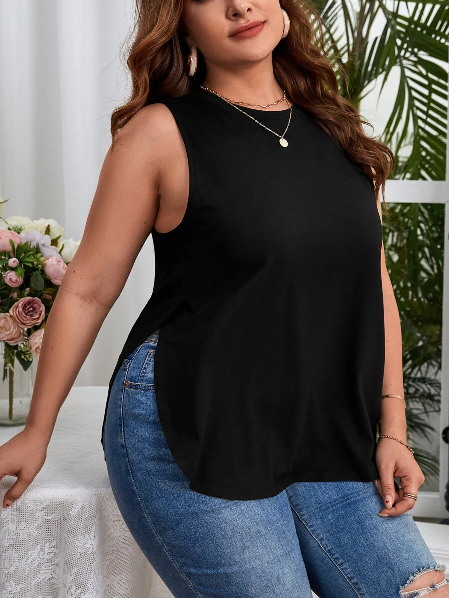 SHEIN Essnce Plus Solid Split Hem Tank Top - Black - View 1