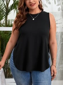 SHEIN Essnce Plus Solid Split Hem Tank Top - Black - View 4