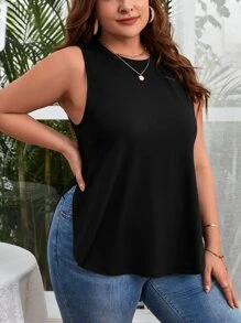 SHEIN Essnce Plus Solid Split Hem Tank Top - Black - View 6