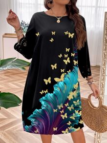 SHEIN LUNE Plus Butterfly Print Tunic Dress - Black - View 1