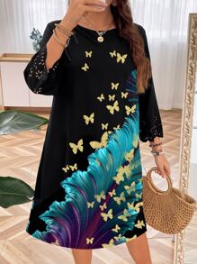SHEIN LUNE Plus Butterfly Print Tunic Dress - Black - View 3