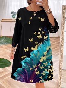 SHEIN LUNE Plus Butterfly Print Tunic Dress - Black - View 4