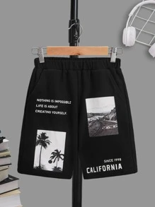 SHEIN 男孩照片和標語圖案短褲