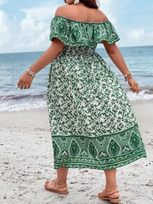 SHEIN Holidaya Plus Floral Print Off Shoulder Ruffle Trim Dress - Green - View 3