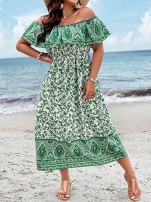 SHEIN Holidaya Plus Floral Print Off Shoulder Ruffle Trim Dress - Green - View 4