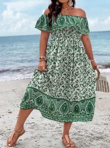 SHEIN Holidaya Plus Floral Print Off Shoulder Ruffle Trim Dress - Green - View 1