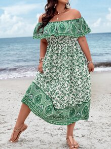 SHEIN Holidaya Plus Floral Print Off Shoulder Ruffle Trim Dress - Green - View 5