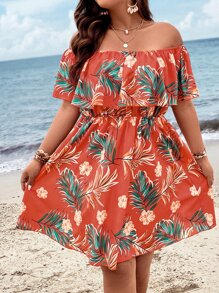 SHEIN Holidaya 大碼熱帶圖案一字肩荷葉邊連衣裙 - 亮橙色 - 查看 3