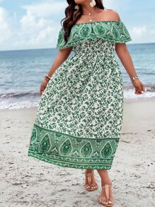 SHEIN Holidaya Plus Floral Print Off Shoulder Ruffle Trim Dress - Green - View 6