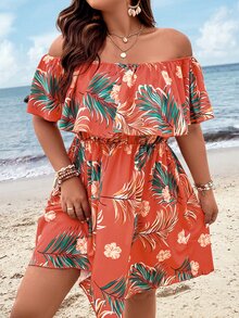 SHEIN Holidaya 大碼熱帶圖案一字肩荷葉邊連衣裙 - 亮橙色 - 查看 4