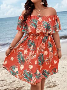SHEIN Holidaya 大碼熱帶圖案一字肩荷葉邊連衣裙 - 亮橙色 - 查看 6