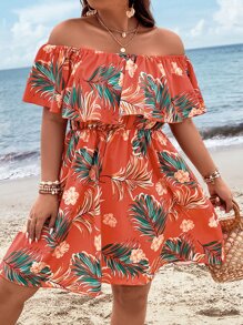 SHEIN Holidaya 大碼熱帶圖案一字肩荷葉邊連衣裙 - 亮橙色 - 查看 7