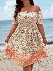 SHEIN Holidaya Plus Ditsy Floral Print Off Shoulder Knot Front Dress - White - View 5