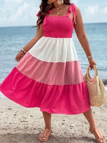 SHEIN Clasi 大碼撞色肩上打結荷葉邊吊帶洋裝 - 玫紅色 - 查看 7