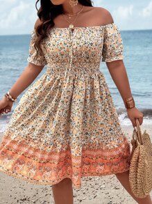 SHEIN Holidaya Plus Ditsy Floral Print Off Shoulder Knot Front Dress - White - View 1