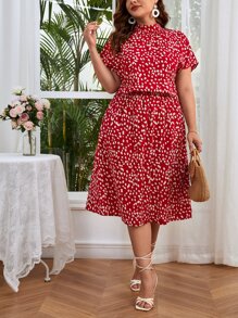 SHEIN VCAY 大碼滿版印花蝙蝠袖連衣裙 - 酒紅色 - 查看 1